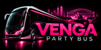 A modern black party bus with bright pink neon lighting, shown in a stylized city scene with Sydney Harbour Bridge and Opera House in the background. Large text reads 'VENGA PARTY BUS' across the front.